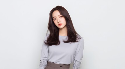 Fototapeta premium Young asian female with long hair in casual outfit against white background