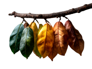 Minimal arc of dried autumn leaves transitioning in color from green to brown, perfect for seasonal themes, on white background, isolated to transparent background