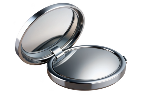 Silver compact mirror open isolated on transparent background