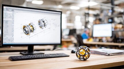 Mechanical engineering CAD design displayed on computer with D printed prototype nearby