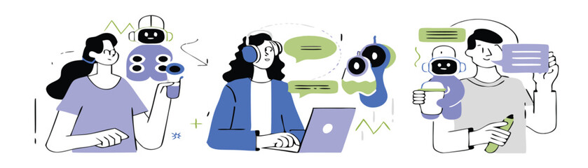 AI Robot  Assistant and Human Collaboration Illustration Set – Chatbot Support, Online Research, Virtual Helpdesk, Machine Learning Concept in Flat Modern Style.