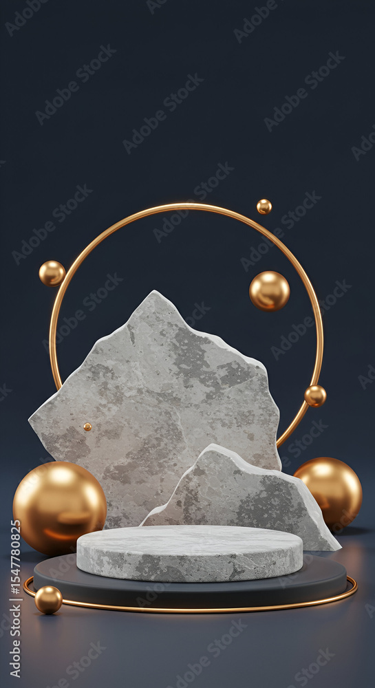 Poster abstract display with neutral tones showcasing a round, marble-like podium surrounded by textured ro