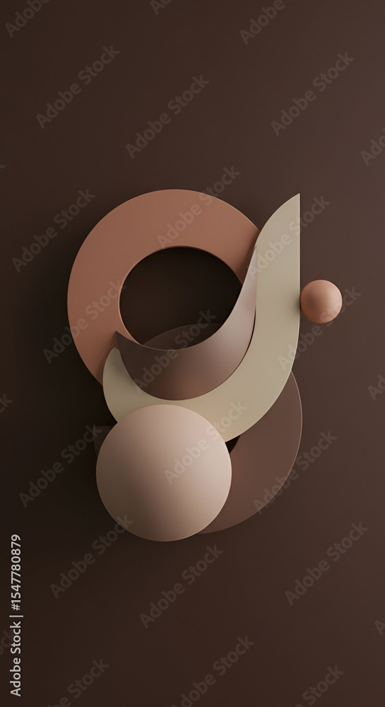 Poster geometric shapes in muted earth tones arranged on a dark brown surface. abstract composition with ov