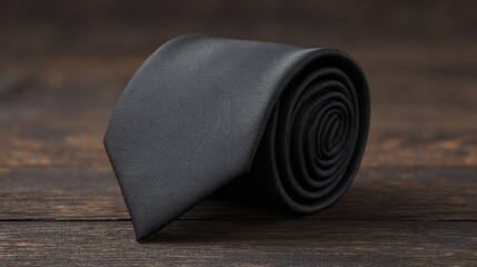 Elegant Rolled Black Tie on Rustic Wooden Background