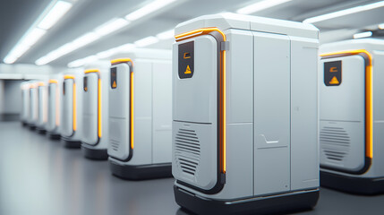 A clean, modern server room with rows of sleek, white data servers featuring orange accents under bright overhead lighting.
