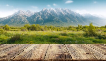 Serene Mountain Landscape Wooden Deck Overlooking Majestic Peaks and Lush Meadow