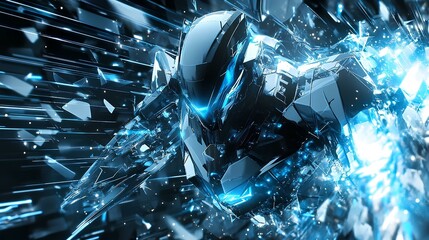 Cybernetic Vanguard Blue Energy Warrior in Digital Shards
