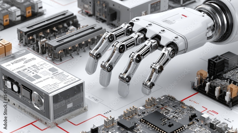 Poster robotics engineering components including sensors, servo motors, and controller boards