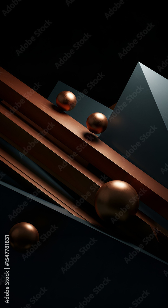 Poster geometric copper and dark gray architectural design with floating spheres in a studio setting. moder