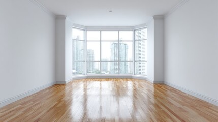 Obraz premium Spacious Empty Room with Large Windows and City View