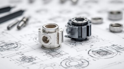 Sheet metal components beside mechanical drawings and fabrication tools