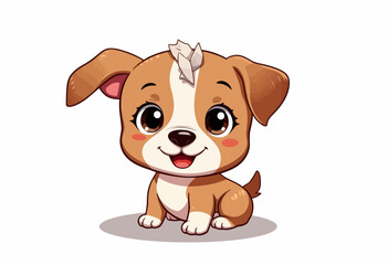 Cartoon puppy sitting with a happy expression on white background  