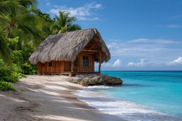 Thatched hut on beach rustic wooden structure with a straw roof nestled by tranquil turquoise waters