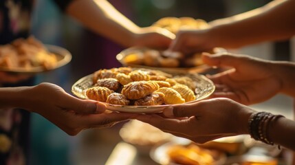 Sharing sweets. Hands passing treats