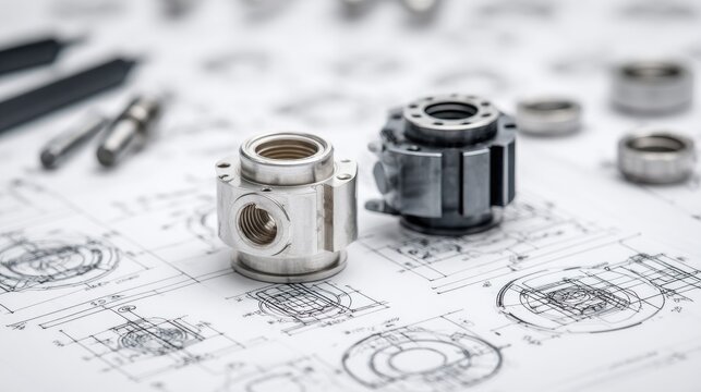 Sheet metal components beside mechanical drawings and fabrication tools