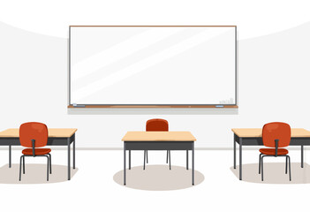 Empty classroom with wooden tables and chairs facing whiteboard  