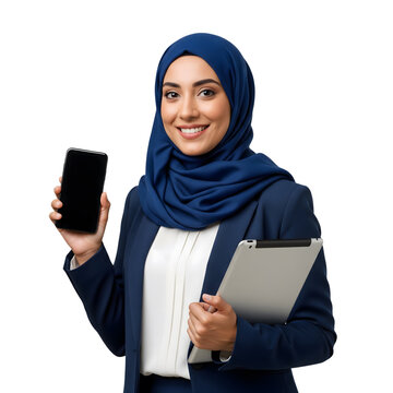 Smiling woman in hijab holding phone  tablet on black backdrop