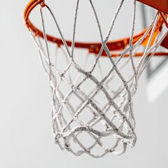 Close-up of a basketball hoop net.  The white net, with orange stitching, is tightly woven and forms a diamond pattern.  It's attached to an orange rim