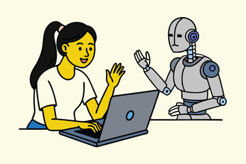 AI Robot and Human Working Together at Laptop – Flat Vector Illustration of Artificial Intelligence Collaboration, Future Technology, and Human-Robot Interaction in Digital Workspace.