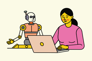 AI Robot and Human Working Together at Laptop – Flat Vector Illustration of Artificial Intelligence Collaboration, Future Technology, and Human-Robot Interaction in Digital Workspace.