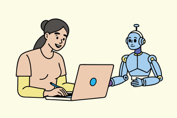 AI Robot and Human Working Together at Laptop – Flat Vector Illustration of Artificial Intelligence Collaboration, Future Technology, and Human-Robot Interaction in Digital Workspace.