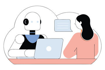 AI Robot and Human Working Together at Laptop – Flat Vector Illustration of Artificial Intelligence Collaboration, Future Technology, and Human-Robot Interaction in Digital Workspace.