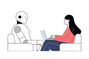 AI Robot and Human Working Together at Laptop – Flat Vector Illustration of Artificial Intelligence Collaboration, Future Technology, and Human-Robot Interaction in Digital Workspace.