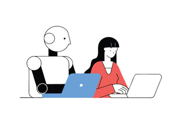 AI Robot and Human Working Together at Laptop – Flat Vector Illustration of Artificial Intelligence Collaboration, Future Technology, and Human-Robot Interaction in Digital Workspace.