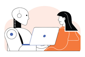 AI Robot and Human Working Together at Laptop – Flat Vector Illustration of Artificial Intelligence Collaboration, Future Technology, and Human-Robot Interaction in Digital Workspace.