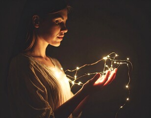  person  holding a glowing thread of light