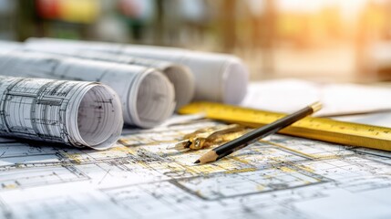 Structural steel beam plans rolled out on table with measuring instruments and notes