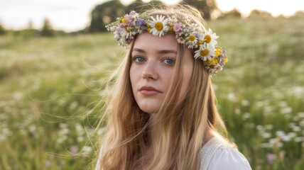 Young woman with long blonde hair wearing a wildflower crown and white dress, standing in a meadow during golden hour in rural Sweden midsummer