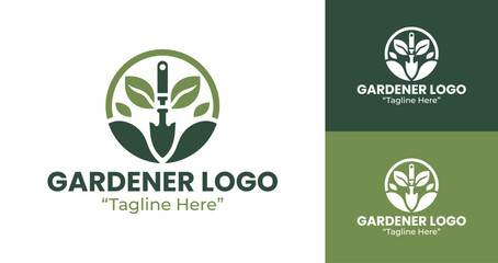 Creative Gardener Logo with Shovel and Plant Design, Green and White Branding