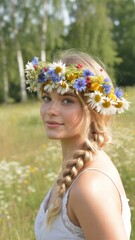 Young woman with braided hair and colorful daisy crown, smiling in a wildflower meadow under summer sun during traditional Swedish midsummer celebration
