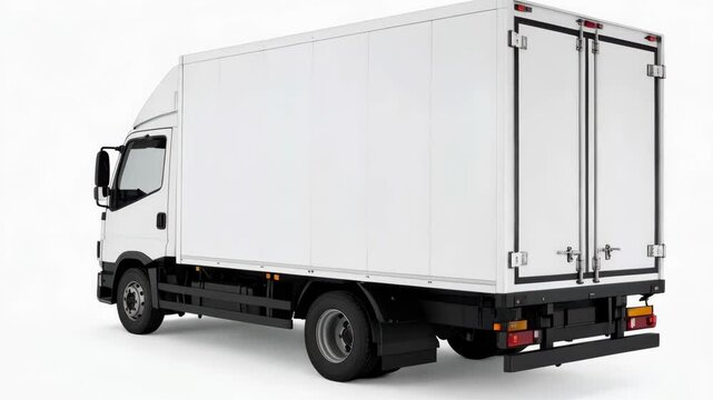 Rear angle of a small, closed box truck in white against a plain backdrop, showing a versatile vehicle suitable for deliveries and transport.