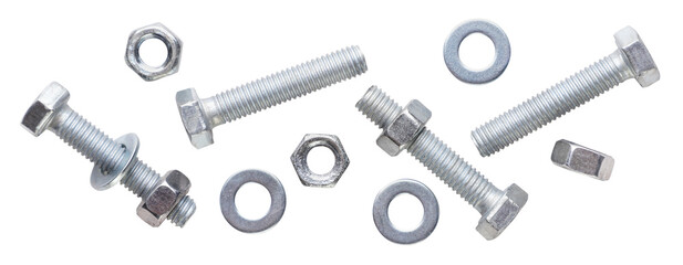 Set of bolts, nuts and washers on a white background. Isolated