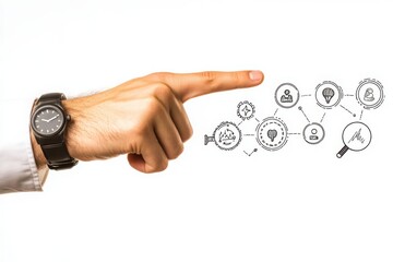 A hand pointing at a network of sketched icons with a watch on the wrist