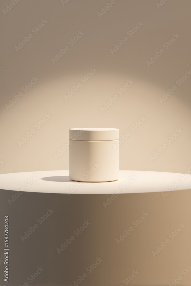 Poster a pristine container rests on a smooth round table the minimalist aesthetic enhances focus on the pr