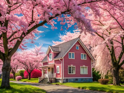 pink house under blooming charry blossomed 