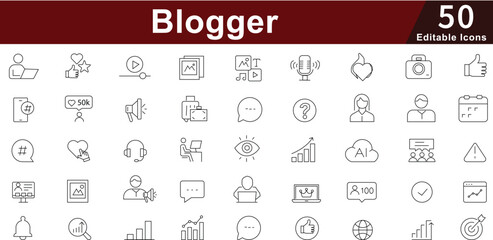 Blogger Content Creator Icon Set - 50 Editable Blogging Writing Icons for Social Media, Publishing and Digital Content Vector Collection