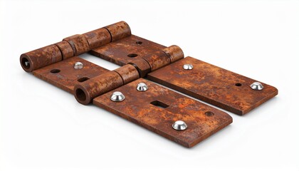 rusted metal hinge with matching screws on white background