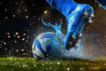 A blue soccer cleat kicking a blue and white soccer ball with water splashing