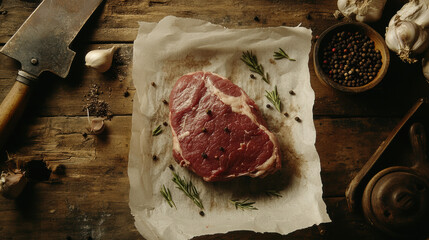 A fresh raw pork shoulder on parchment paper, surrounded by herbs, peppercorns, and a vintage meat cleaver in a rustic kitchen setting 