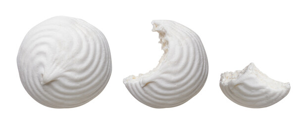 Round marshmallow and bitten pieces on a white background. Top view