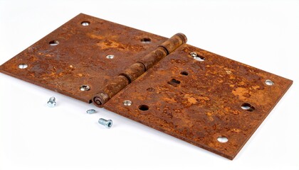 rusted metal hinge with matching screws on white background