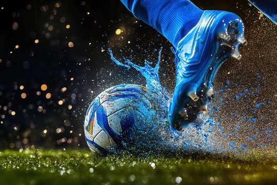 A blue soccer cleat kicking a blue and white soccer ball with water splashing