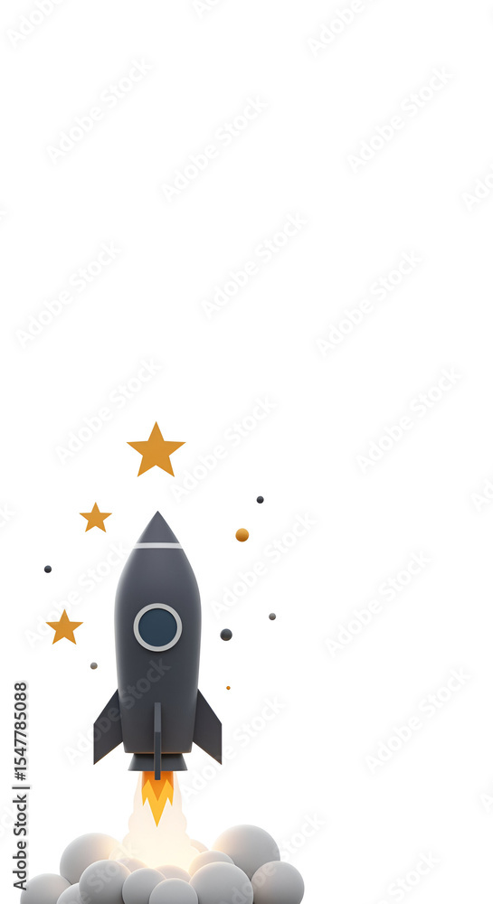 Poster gray rocket launching with stars and small space objects in the background. action shot of a rocket 