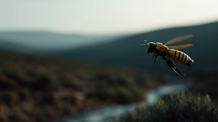 Futuristic Robotic Bee Flying Over Nature Background
