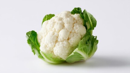 Fresh cauliflower with vibrant green leaves stands out against a clean background. This image captures the essence of healthy eating and fresh produce. Perfect for food-related content. AI