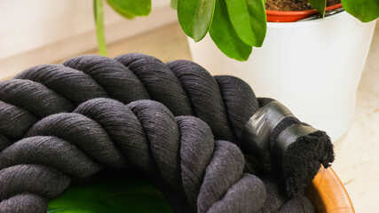 Black Twisted Nylon Rope Coiled in Wooden Bowl - Modern Survival and Design Utility Theme